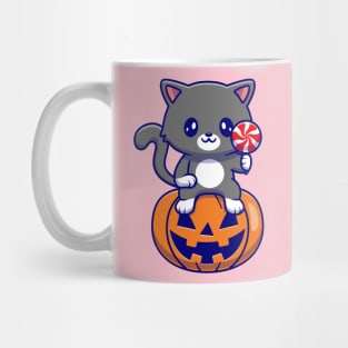 Cute Cat Sitting On Pumpkin Halloween Holding Candy  Cartoon Mug